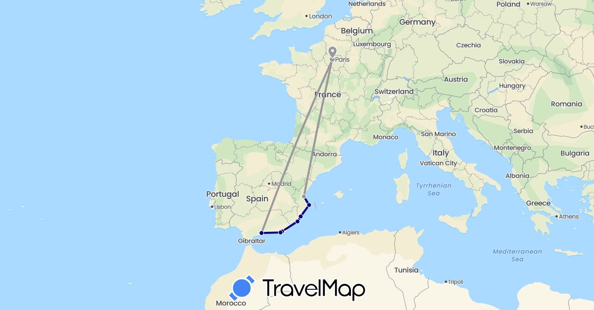 TravelMap itinerary: driving, plane, hiking in Spain, France (Europe)